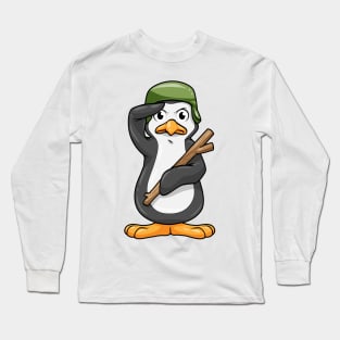 Penguin as Soldier with Helmet and Military Salute Long Sleeve T-Shirt